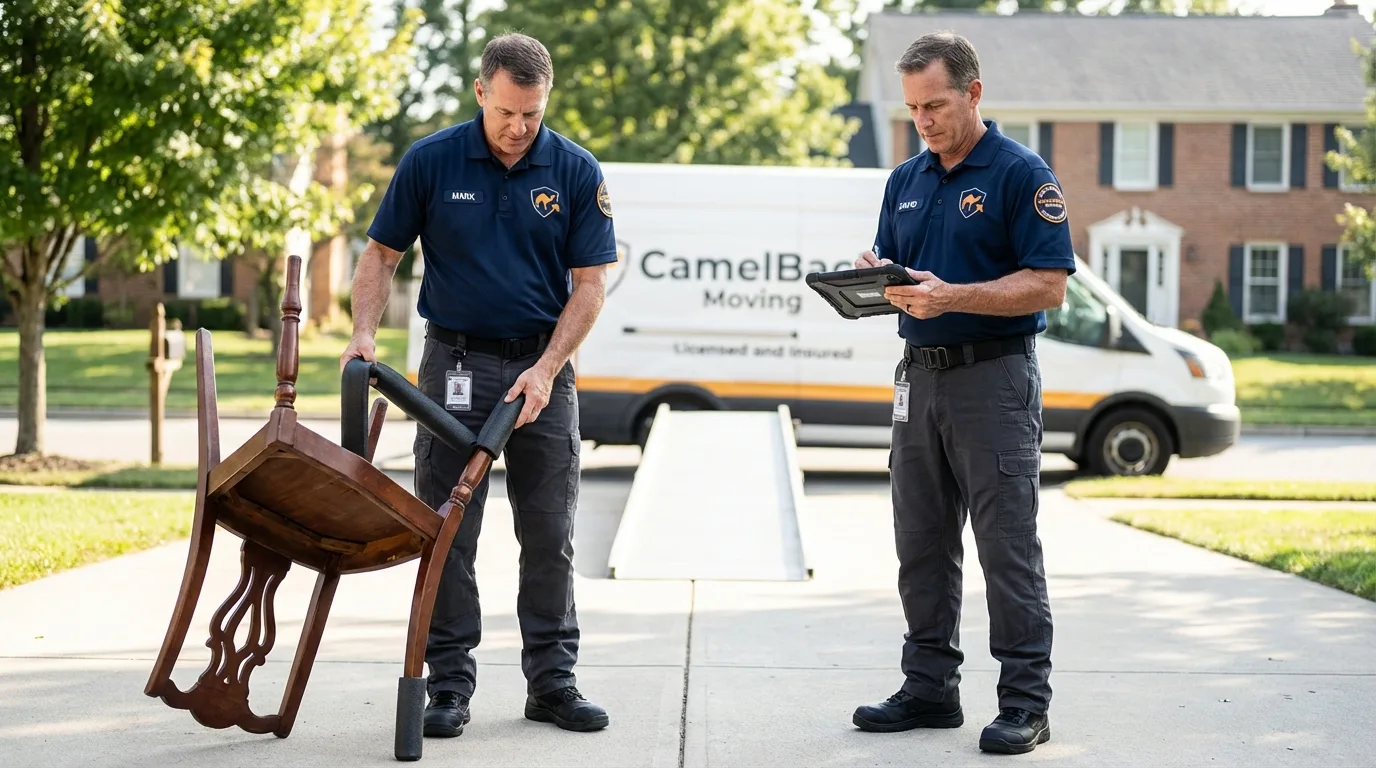 Movers inspecting furniture for damage prevention before loading in Thornton, CO