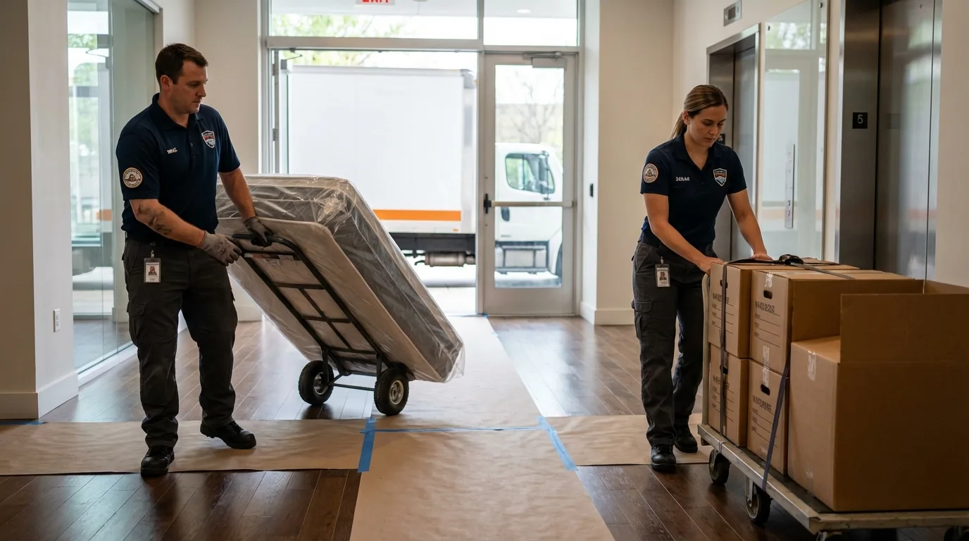 Professional apartment movers loading elevator in Thornton, CO